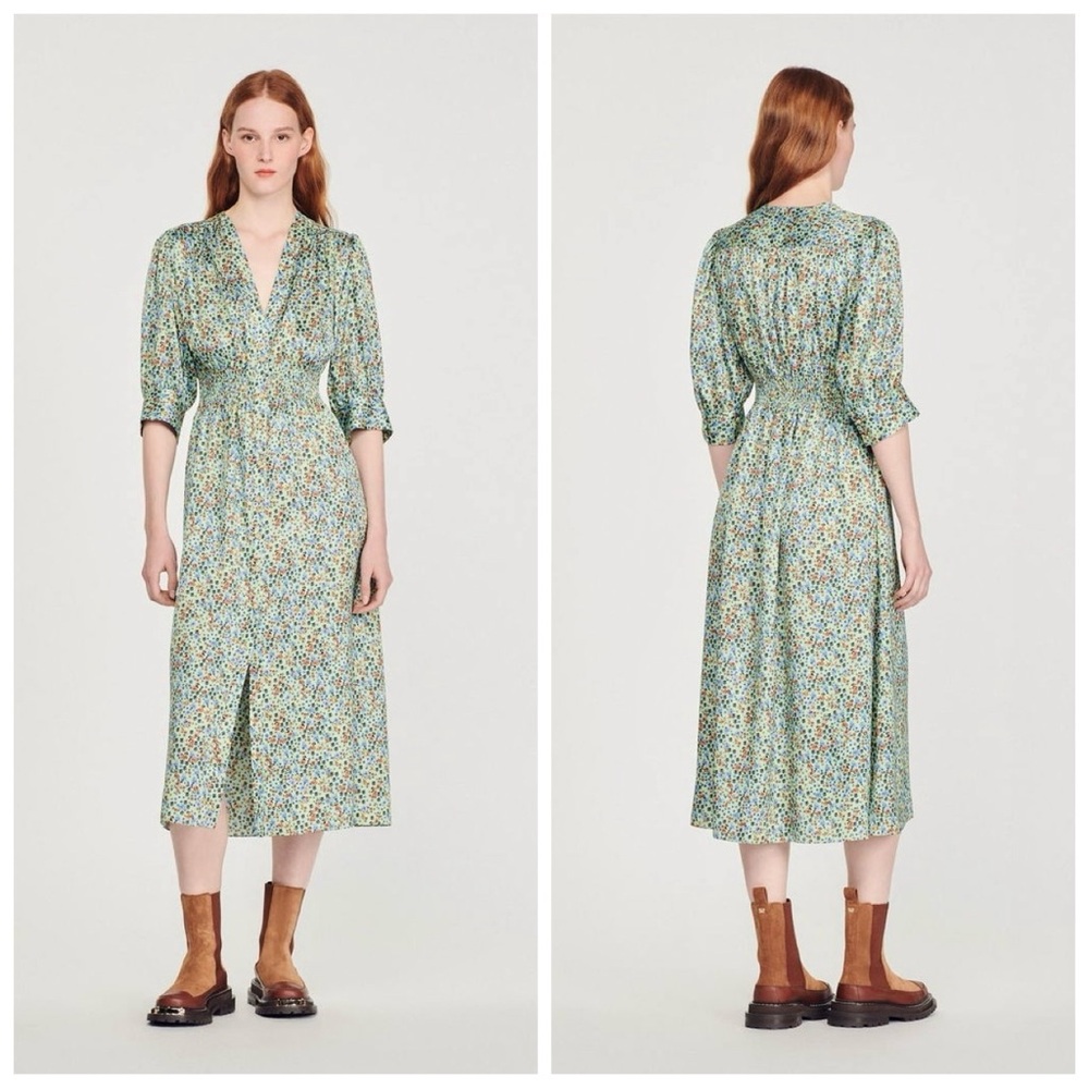 Sandro Provence Floral Smocked Waist Midi Dress In Light Green Multi Size 36